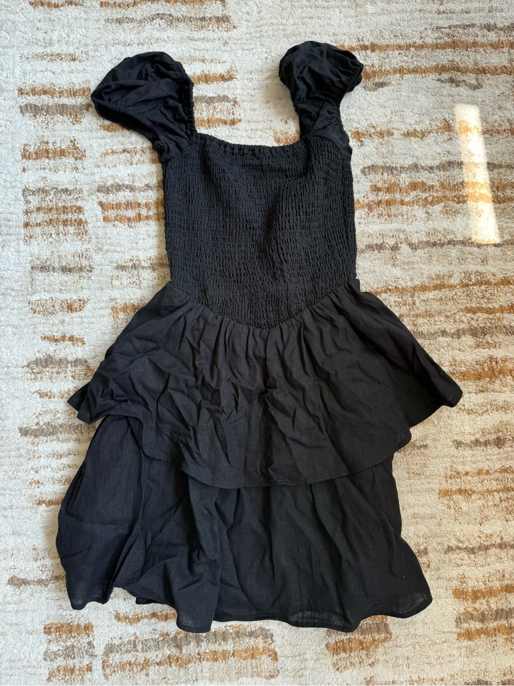 H&M Black Smocked Puff-Sleeve Mini Dress